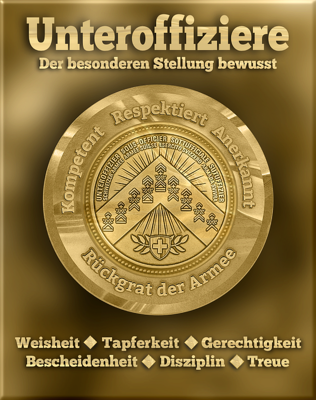  <br>Mit der Armeereform 95 wurden die Verantwortungsbereiche für die militärische Ausbildung neu abgegrenzt. Offiziere bilden seitdem Offiziere aus - und Unteroffiziere bilden Unteroffiziere und Angehörige der Mannschaft aus. Berufs-Stabsunteroffiziere (Stabs- Haupt- und Chefadjutanten) sind seither auch zuständig für die Führungsausbildung der Unteroffiziere. Das Logo verdeutlicht was erwartet werden darf. Unsere Unteroffiziere werden mit diesem fortschrittlichen Ansatz besser ausgebildet und zudem auch aufgewertet. Die heutige hybride Kriegsführung verlangt mehr denn je nach dezentralisierter Entscheidungskompetenz, im militärischen Jargon bezeichnet als Führung mit Auftragstaktik. Das bedeutet Teams und Gruppen können selbst beurteilen und entscheiden wie sie den erhaltenen Auftrag erfüllen wollen - und das ist letztlich nur möglich mit einem erstklassigen Unteroffizierskorps. Die folgenden Merkmale dürften für diese herausfordernde Stellung deshalb auch weiterhin Bestand haben: - physisch und psychisch robust - Vorbild und Beispiel - emphatischer Führer und Coach - überzeugender Ausbilder und Erzieher - hohes fachliches Wissen und Können - eigenständig, initiativ, teamfähig und loyal - verantwortungsbewusst, redlich und integer - neugierig, lernfähig und anpassungsfähig.